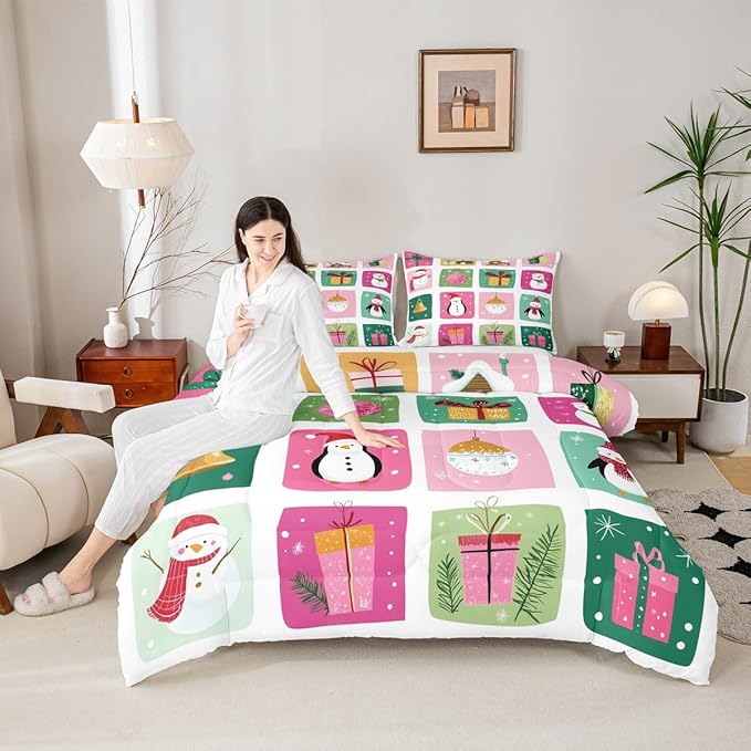 Feelyou Happy New Year Bedding Set Soft for Boys Girls, Christmas Decor Comforter Set King Size Merry Christmas Duvet Quilt Microfiber Winter Penguin Bedroom Decor 3 Pcs with 2 Pillow Cases