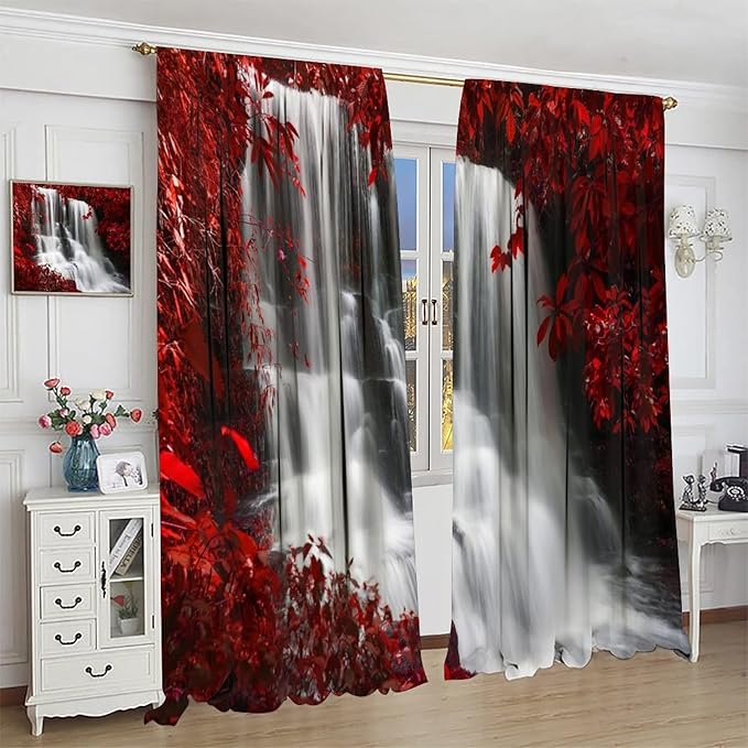 Red Forest Waterfall Blackout Windows Curtains, Waterfall Red Forest Black and Red Natural Landscape Print Window, for Living Room Bedroom 63x63in 2 Panels