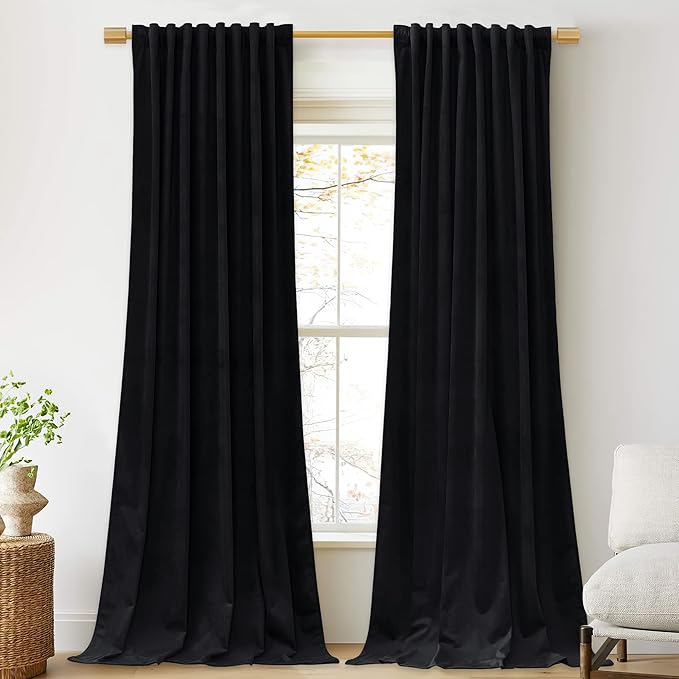 StangH Black Living Room Curtains 105 inches Long Soft Velvet Light Blocking Thermal Insulated Window Drapes for Bedroom Heavy Privacy Panels for Theater, W52 x L105, 2 Panels