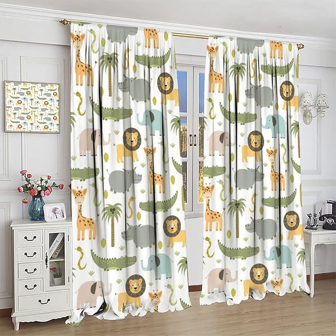 Nursery Safari Animals Window Curtains,Cartoon Woodland Jungle Forest Lion Elephant Giraffe Printed Pattern Blackout Drapes for Living Room Baby Boy Kids Bedroom 72x63in