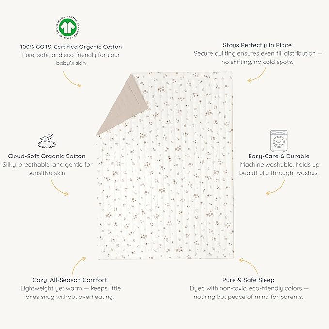 MakeMake Organics Organic Toddler Comforter GOTS Certified Organic Kids Blanket Cotton Infill Tufted - Reversible Ultra Soft Breathable Boys Girls (44"x60", Bloom + Solid Pecan)