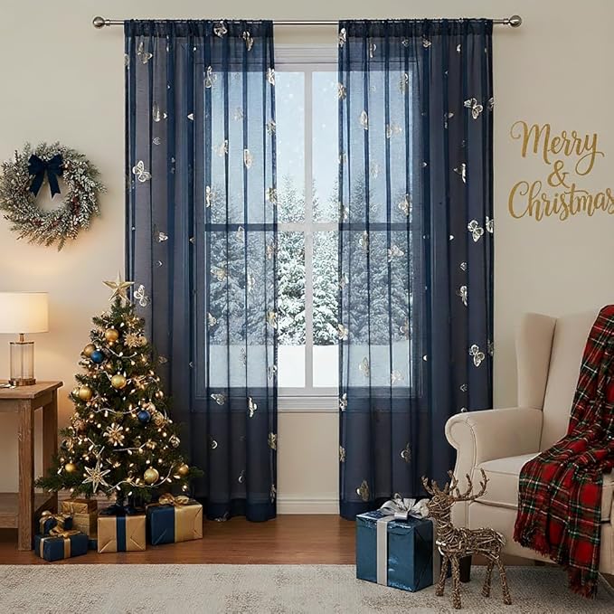 Jubilantex Butterfly Sheer Curtains Navy Blue Drapery with Gold Print Pattern 95 Inch Long, Kids Nursery Bedroom Voile Linen Textured Curtain Rod Pocket Window Drapes, 2 Panels