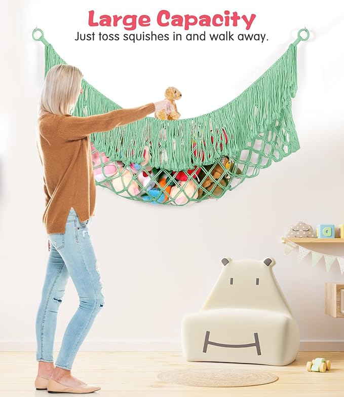 Stuffed Animal Hammock - Extra Large 63'' Long, Stuffed Animal Storage, stuffed animal Holder net, Toy Hammock Large, Toy Storage Hanging Organizer - Matcha green