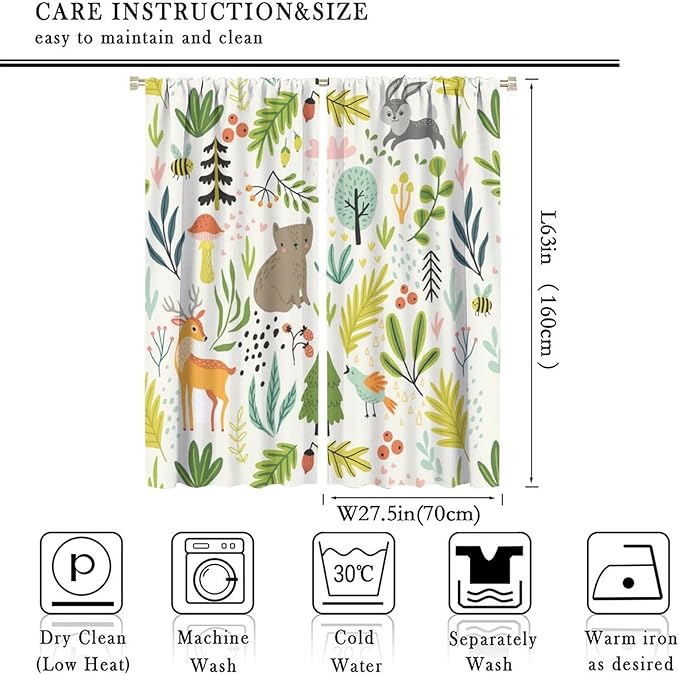 Kid Forest Animal Curtains,Woodland Animal Cartoon Watercolor Forest Hedgehog Fox Toddler Boys Girls Bedroom Living Room Window Drapes 55x63in