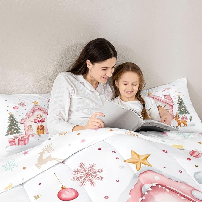 Feelyou Gingerbread House Bedding Set Soft for Boys Girls, Christmas Tree Comforter Set King Size Reindeer Duvet Quilt Microfiber Snowflake Bedroom Decor Holiday Scene 3 Pcs with 2 Pillow Cases