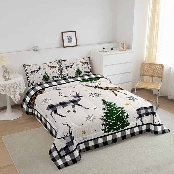 Kids Deer Silhouette Comforter Set Queen Size,Snowflake Pine Trees Bedding,Girls Boys Adults Bedroom/Xmas Cabin Decor,Geometric Grids Plaid Down Comforter,Rustic Farmhouse Duvet Insert,2 Pillowcases