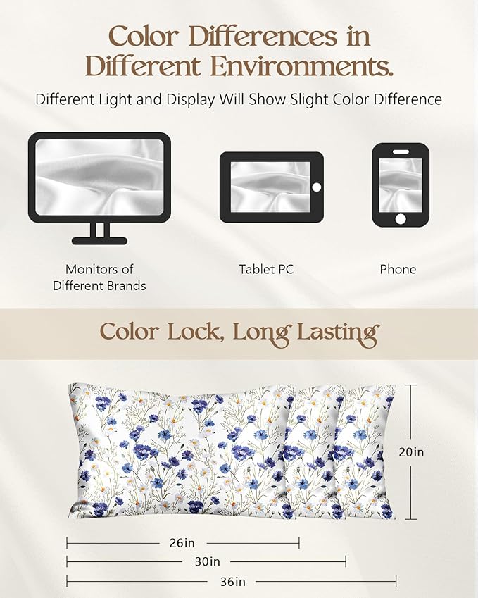 Silk Pillowcase 2 Pack - Pillow Cases 20" x 36" King Size Set of 2 for Hair and Skin Smooth Soft Breathable with Hidden Zipper Cooling Pillow Covers for Sleeping, Blue Daisy