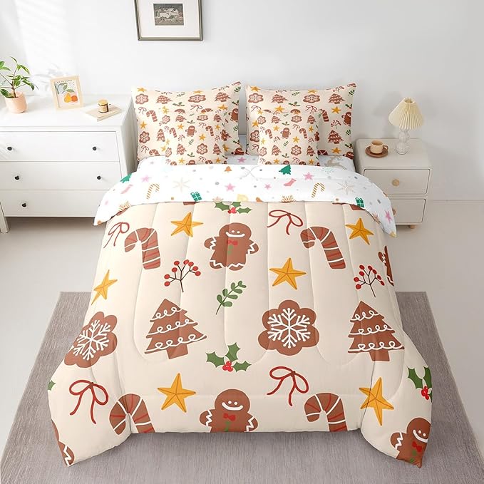 Merry Christmas Kids Bedding Set Xmas Theme Comforter Set with Sheets for Boys Girls Cartoon Gingerbread Man Christmas Tree Decor Bed in a Bag Brown Bed Set 7Pcs King Size