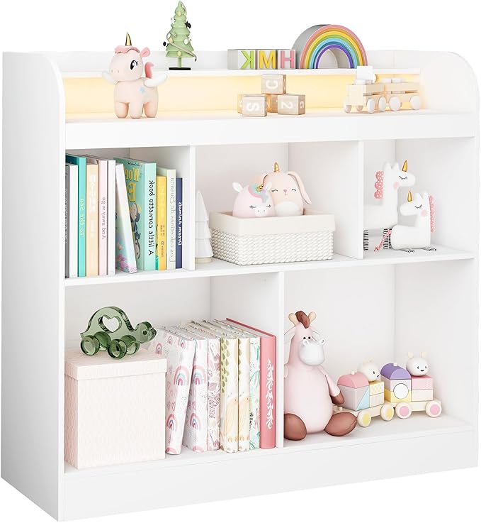Lkeiyay Open Shelf Kids Bookcase，Montessori Toy Organizer with LED Lights - White Wooden Open Bookcase for Kids, Bedroom, Back to School，Playrooms & Nurseries