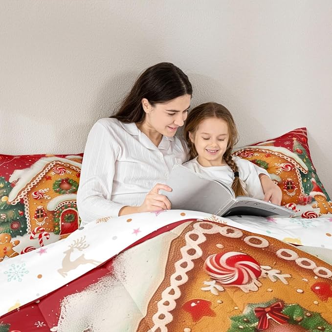 jejeloiu Kids Christmas Theme Comforter Set Twin Size Xmas Tree Gingerbread Man Bedding Set for Boys Girls Teens Candy Cane House Winter Happy New Year Duvet Quilt Room Decor