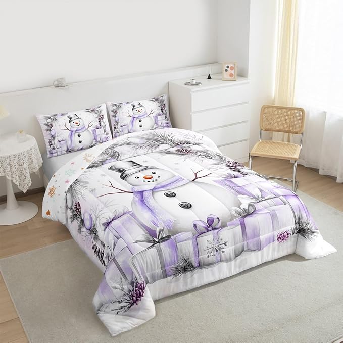 Feelyou Merry Christmas Bedding Set Soft for Boys Girls, Cute Snowman Comforter Set Twin Size Duvet Quilt Microfiber Snowflake Bedroom Decor 2 Pcs with 1 Pillow Cases