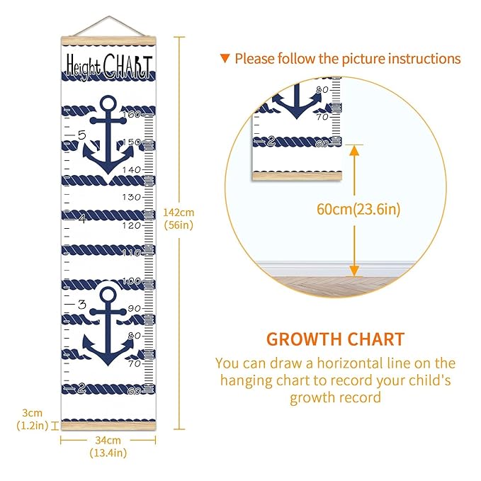 Kids Growth Chart Ruler for Wall Wood Frame Height Measure Chart 13.4x56 in Linen Hanging Height Growth Chart Anchor Blue and White Stripes Pattern Kids Room Decor