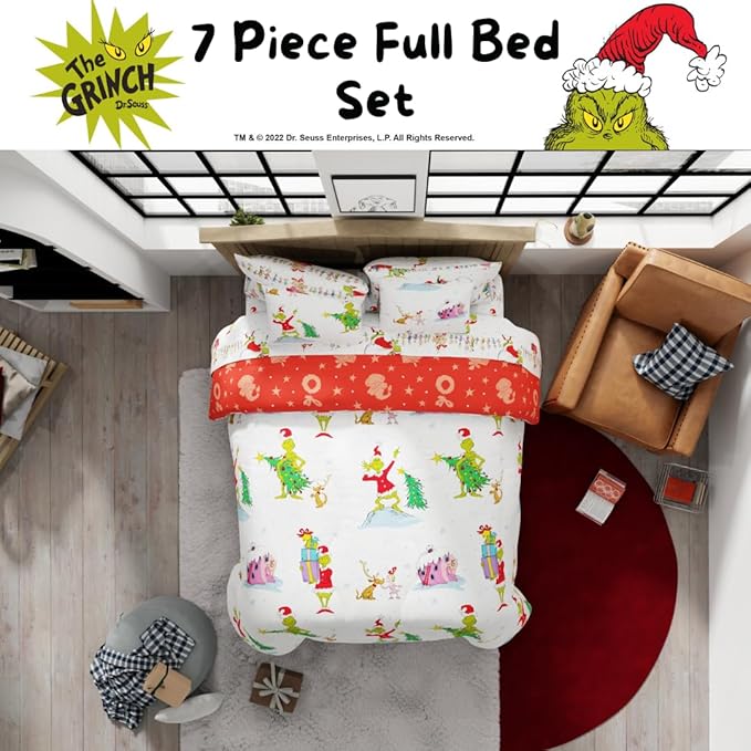 Grinch by Dr. Seuss Holiday & Christmas Bedding Super Soft Comforter and Sheet Set with Sham, 7 Piece Full Size (Official Dr. Seuss Product) by Franco
