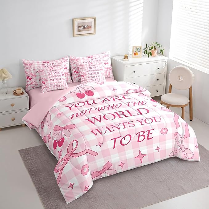 7 Pieces Pink Bowknot Kids Comforter Set King,Cherry Star Daisy Flowers Princess Bedding Set,Bow Tie Geometric Plaids Cute Dreamy（Comforter+Fitted+Flat Sheet+2 Pillowcases+2 Throw Pillow Covers）