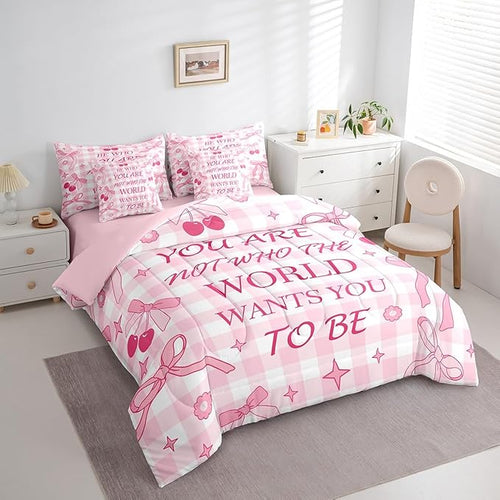 7 Pieces Pink Bowknot Kids Comforter Set King,Cherry Star Daisy Flowers Princess Bedding Set,Bow Tie Geometric Plaids Cute Dreamy（Comforter+Fitted+Flat Sheet+2 Pillowcases+2 Throw Pillow Covers）
