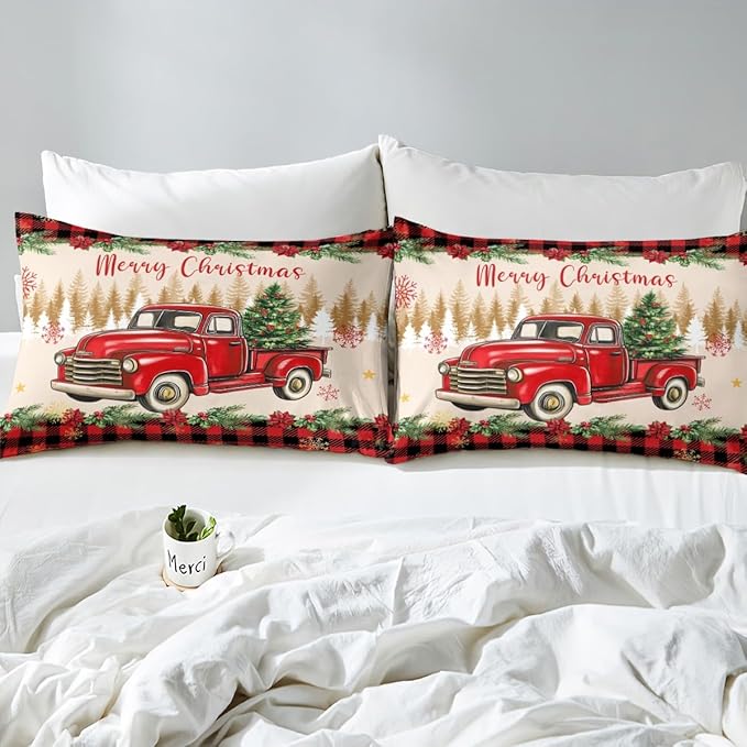 Erosebridal Merry Christmas Twin Bedding Set Red Truck Comforter Sets for Kids Boys Girls Teens Room Decor,Xmas Tree Down Comforter Red Black Buffalo Plaid Decor Bed Set Car Printed Themed Quilt Set