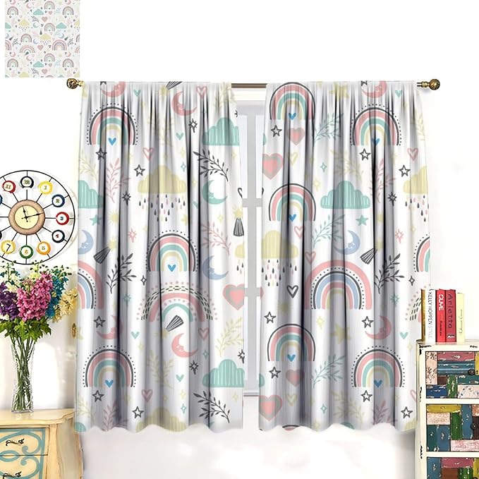 Boho Rainbow Curtains for Kids Nursery Colorful Floral Sun Star Clouds Pastel Bohemian Pattern Print Window Drapes for Girl Bedroom Living Room Kitchen Decor,2 Panel Set,42Wx54H Inch Blackout