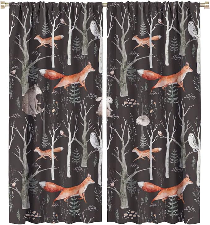 Rustic Forest Curtain, Woodland Country Hunting Animal Deer Fox Wildlife Bear Farmhouse Lodge Cabin Blackout Rod Pocket Windows Door Curtain for Bedroom Living Room Home Decor 42x45in