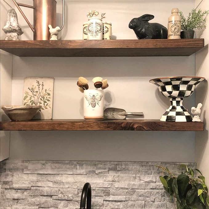 URBANDI, Rustic Floating Shelves, Set of 2, Hidden Bracket, Solid Wood, Heavy Duty, Wall Mounted Shelves, (Provincial, 24Wx12D)