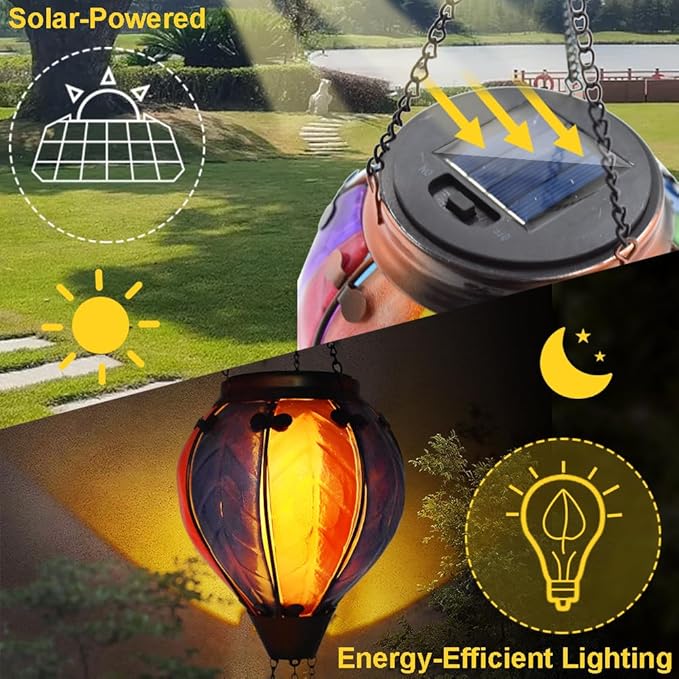2PCS Solar Hot Air Balloon Lanterns with Flame with Shepherd's Hooks, Glass Hanging Flickering Lights Outdoor Waterproof for Garden Tree Yard Patio Mother's Day Gift, 18" H Colorful