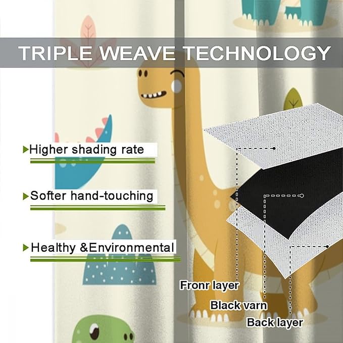 Fun Dino Curtains, Cute Colorful Dinosaur Pattern Blackout Window Treatments, Rod Pocket Thermal Insulated Drapes 2 Panel Sets for Children Boys Bedroom Nursery Classroom, 42" W X 54" L