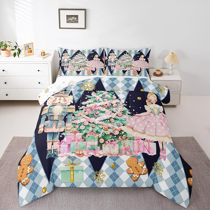 jejeloiu Christmas Nutcracker Comforter Set King Size Gingerbread Man Bedding Set for Kids Boys Girls Xmas Tree Duvet Quilt Dark Blue Bedroom Decor