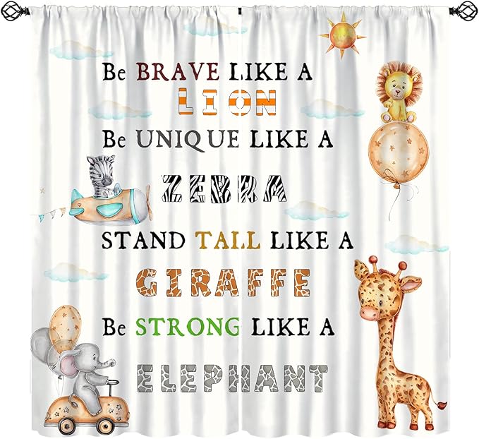 Cartoon Animals Curtains, Cute Jungle Animal Zebra Elephant Lion Giraffe Blackout Window Treatments, Rod Pocket Thermal Insulated Drapes 2 Panel Sets for Kids Bedroom Nursery Classroom, 72"W X 63"L