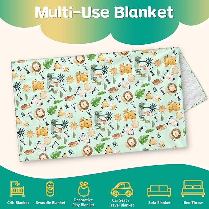 Custom Safari Animals Blanket Gift, Personalized Baby Blanket with Name, Soft Plush Flannel/Sherpa Fleece Throw Blankets for Toddler Kid Teen Boys Girls Color04