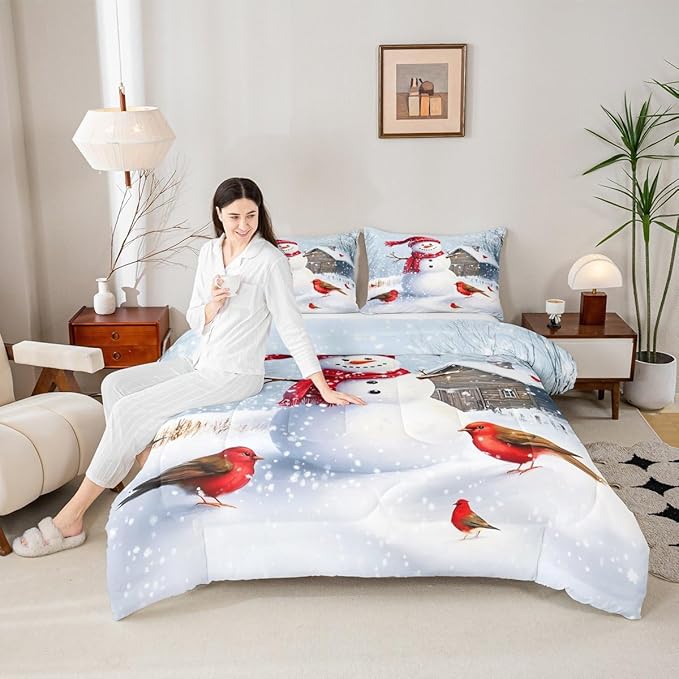Feelyou Merry Christmas Comforter Set All Season Cute Snowman Bedding Set with 2 Pillow Cases Snowflake Microfiber Kids King Bedclothes Winter Bedroom Decor Duvet Quilt Breathable Soft Lightweight
