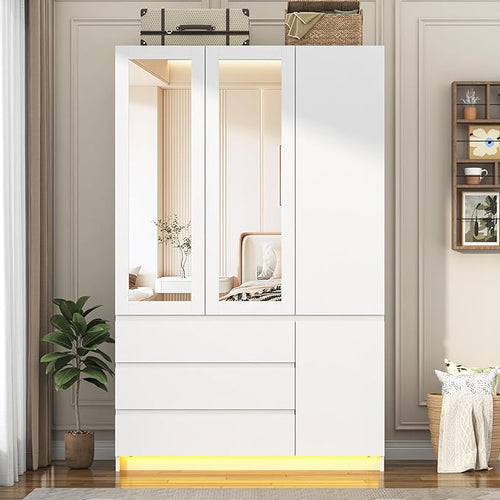 3 Doors Armoire Wardrobe Closet with 3 Drawers & Mirror, Modern Wooden Bedroom Armoires with Hanging Rod Led Lights for Bedroom, White
