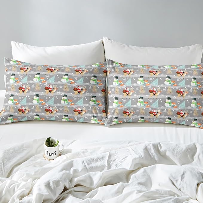 Christmas Duvet Cover Set Queen Size, Xmas Trees Snowman Santa Claus Comforter Cover with 2 Pillowcases, Winter Snowflake Grey Stripes Bedding Set for Kids Girls New Year Bedspread Cover,No Comforter