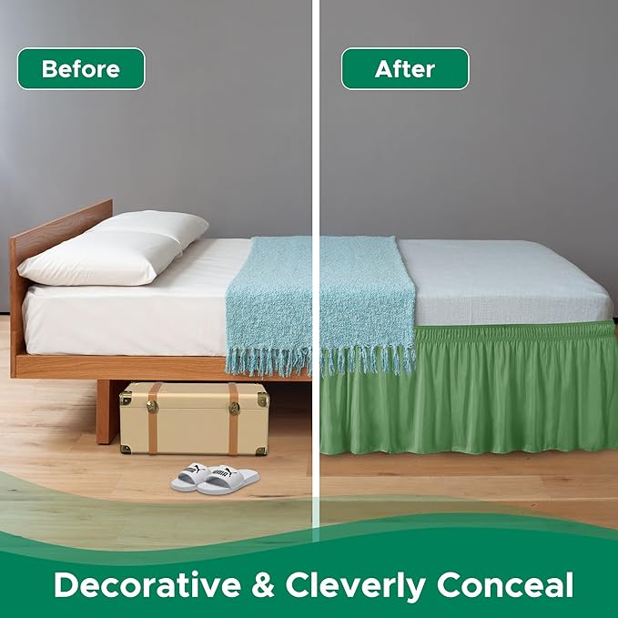 Biscaynebay Wrap Around Bed Skirts for Twin & Twin XL Beds 15" Drop, Sage Adjustable Elastic Dust Ruffles Easy Fit Wrinkle & Fade Resistant Silky Luxurious Fabric Machine Washable