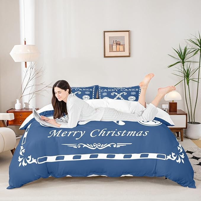 jejeloiu Christmas Bedding Set King Size Kids Christmas Quote Comforter Cover Set for Boys Girls Teens Candy Canes Print Duvet Cover Xmas Bedspread Cover Room Decorations Blue Quilt Cover