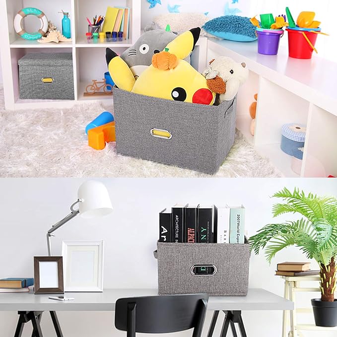 Large Linen Collapsible Storage Bins with Removable Lids and Handles, Washable Storage Box Containers Baskets Cube with Cover for Bedroom,Closet,Office,Living Room,Nursery (Green, Large)