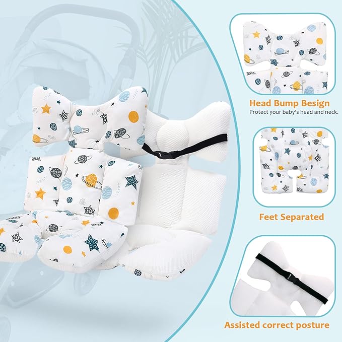 Baby Stroller Seat Liners, Reversible Baby Stroller Cushion Pad Soft and Breathable 3D Air Mesh Cotton Universal Baby Seat Pad Liner for Strollers, Car Seats (Planet)