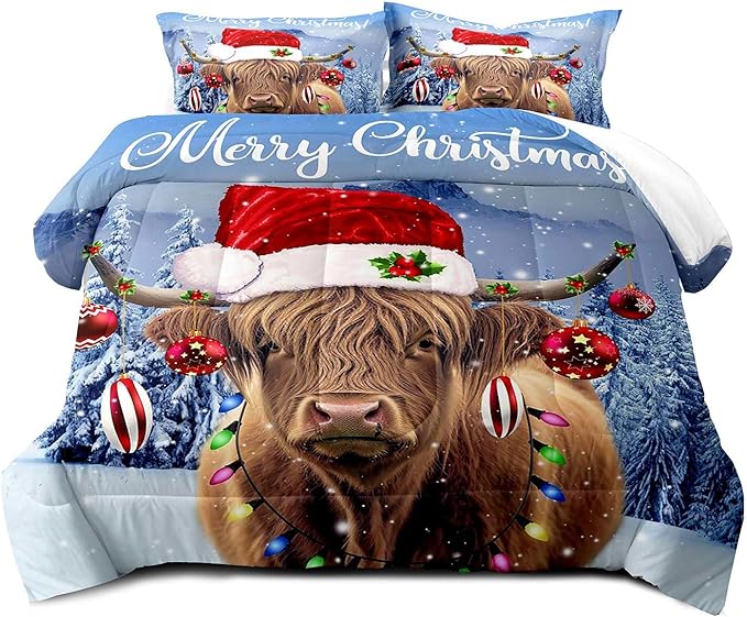 LUVIVIHOME 3PCS Funny Highland Cow Comforter Set Full Size, Christmas Bedding, Cattle Bull Animal Santa Christmas Balls Winter Holiday Xmas New Year Christmas Bedroom Decor, Cow Gifts, 2 Pillow Shams