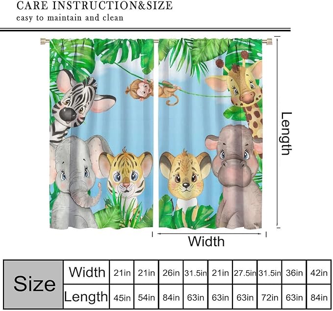 Kids Animals Blackout Curtains Watercolor Cartoon Cute Animals Green Jungle Art Printed for Children Girls Boys Bedroom Nursery Rod Pocket Decoration Window Drapes 2 Panels W21xL45in