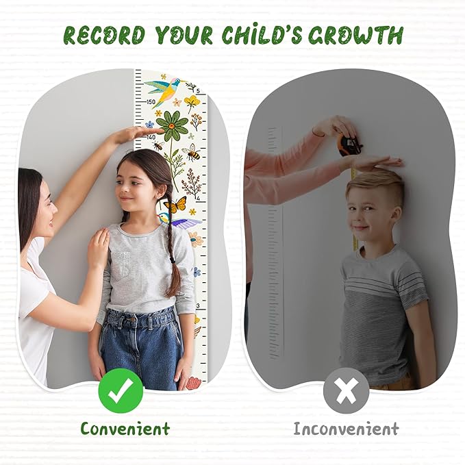 Personalized Name Height Chart for Kids, Kids Growth Chart for Wall, 59" X 7.9" Canvas Removable Height Chart Measuring Ruler for Kids & Baby(Painted Birds and Flowers）