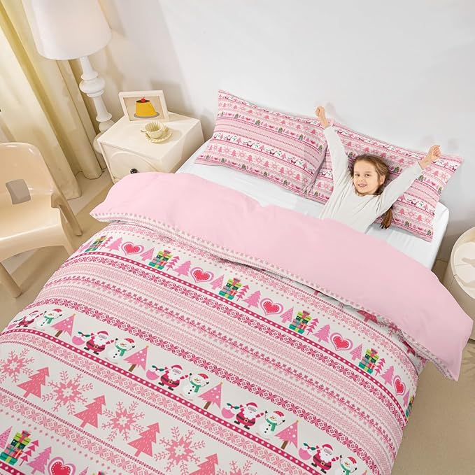 Christmas Comforter Cover Cartoon Santa Claus Snowman Bedding Set Pink Snowflake Christmas Tree Duvet Cover for Kids Boys Girls Microfiber Boho Stripes Bedspread Cover Room Decor Bedclothes Toddler
