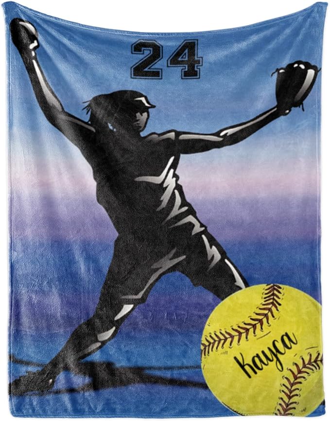 Custom Softball Blanket with Name Number: Personalized Fluffy and Warm Gift for Baby Toddler Kids and Adults Birthday Skin-Friendly Flannel Fabric(60x80inch)