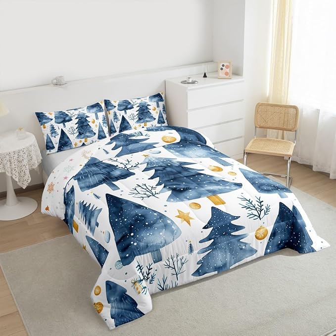 Feelyou Christmas Comforter Set All Season Xmas Tree Bedding Set with 2 Pillow Cases Watercolor Blue Microfiber Kids King Bedclothes Snowflake Bedroom Decor Duvet Quilt Breathable Soft Lightweight