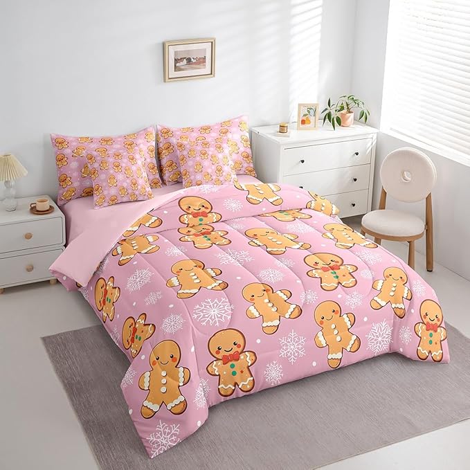 Erosebridal Christmas Gingerbread King Bedding Set 7 Piece,Cute Gingerbread Man Bed in A Bag,Xmas Snowflake Comforter Set Girls Sheet Set with Comforter,Pink Christmas Decoration