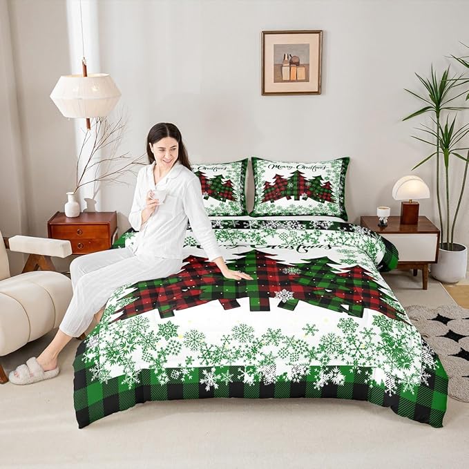 Castle Fairy Christmas Comforter Set Twin Size,Pine Trees Green Snowflake Glitter Shiny Bedding Set for Kids Boys Men,Winter Festival Plaid Checkered Quilted Duvet Set with 1 Pillowcase
