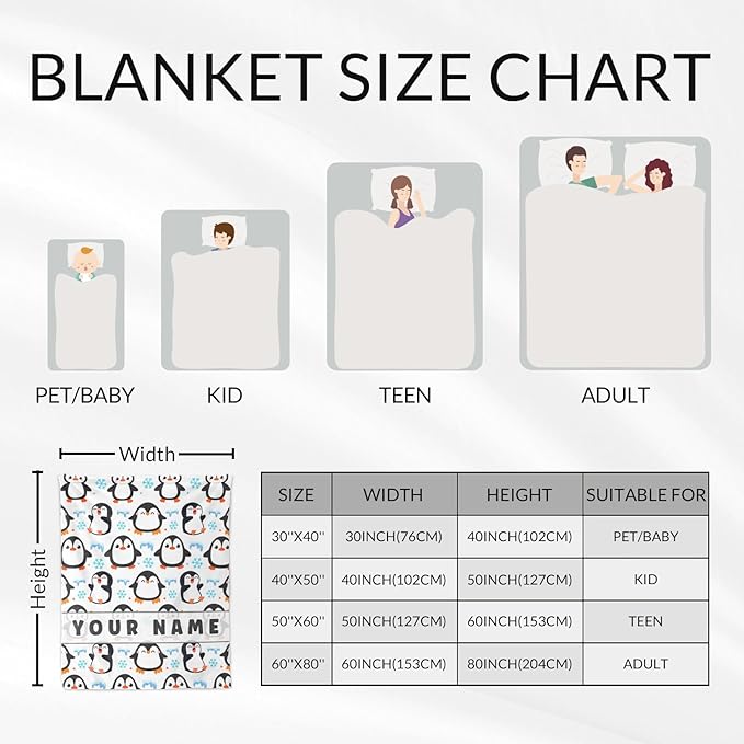 Custom Penguin Gifts for Adult - 60" x 80" Inches Cute Penguin Throw Blanket for Girls - White Soft Furry Throws for Sofa, Bed & Living Room