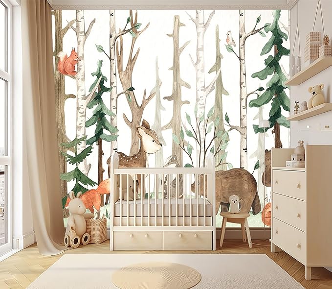 XMPMBM-Cartoon Hand-Painted Animals Woodland Nursery Room Fabric Wallpaper Graffiti Pine Forest Kids Gaming Room Wall Mural-W 154" X H 105"（112 Square Foot）