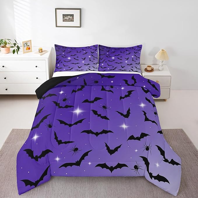 Erosebridal Bat Comforter Set Twin Size for Kids Galaxy Glitter Bedding Set with 1 Pillow Case Happy Halloween Quilt Gothic Spooky Down Comforter Purple and Black