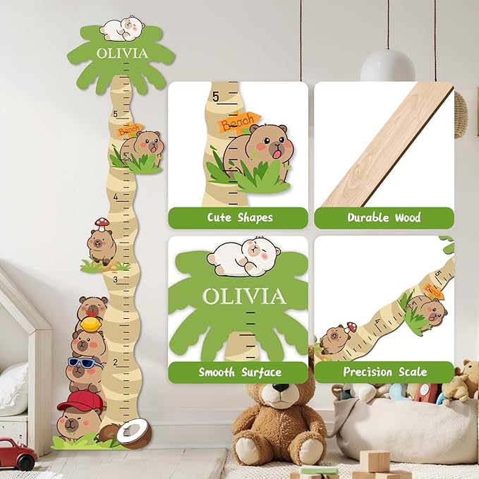 Personalized Name Growth Chart for Wall, Cute Capybara Wood Height Chart for Kids, Boy Girls Height Measurement Growth Measuring Ruler, Toddler Children Playroom Decor