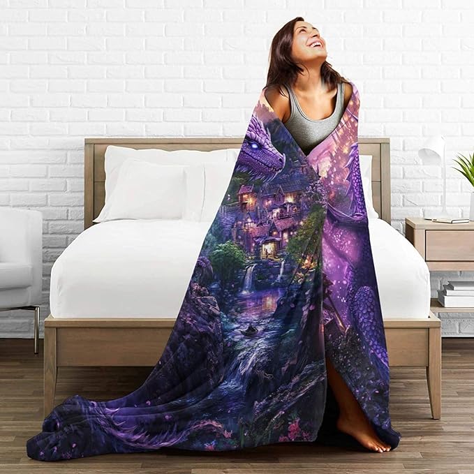 Dragon Blanket Purple Throw Blankets for Girls Boys Soft Warm Cool Mysterious Castle Throws Flannel Fleece Plush Animal Gifts for Kids Men Women Adults for Bed Sofa Bedding Decor 50"x40"