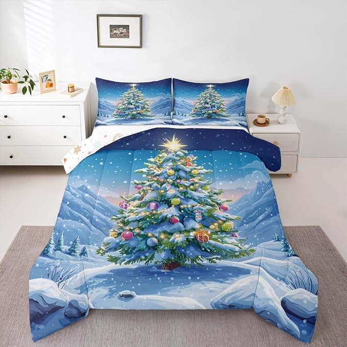 Feelyou Christmas Comforter Set Full Size Xmas Tree Bedding Set for Kids Boys Girls Winter Snowflake Duvet Quilt Christmas Tree Ornaments Bedroom Decor Microfiber 3 Pcs with 2 Pillow Cases