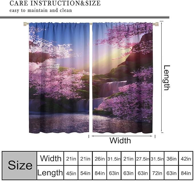 Landscape Waterfall Blackout Curtains, Watercolor Blossom Cherry Flower Forest Pattern Rod Pocket Window Drapes, for Bedroom Living Room 84" W X 84" L